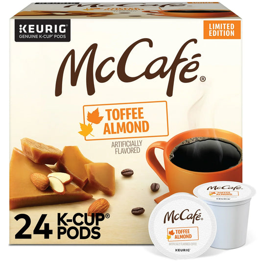 KupofK Coffee McCafe Toffee Almond K-cups in a bulk box, single-serve coffee pods with toffee and almond flavor.