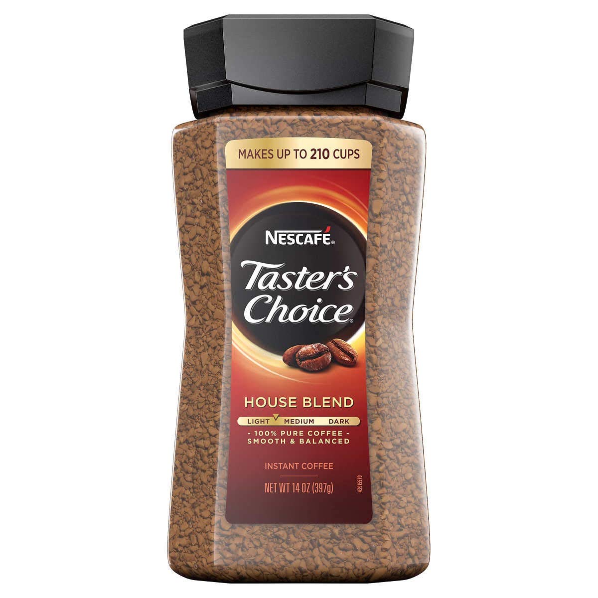 Cup of KupofK Coffee Nescafe Taster's Choice instant coffee with a spoon on a white background.