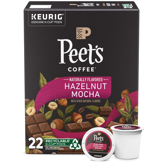 KupofK Coffee Hazelnut Mocha K-cups, 22-count pack of coffee pods with flavored hazelnut and mocha notes.