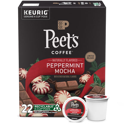 KupofK Coffee Peppermint Mocha Coffee K-cups stacked in a box, showcasing the festive packaging and coffee capsules.