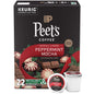 KupofK Coffee Peppermint Mocha Coffee K-cups stacked in a box, showcasing the festive packaging and coffee capsules.
