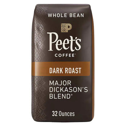 KupofK Coffee Peet's Major Dickason's Blend whole bean coffee in a resealable bag with rich, dark roasted beans visible.