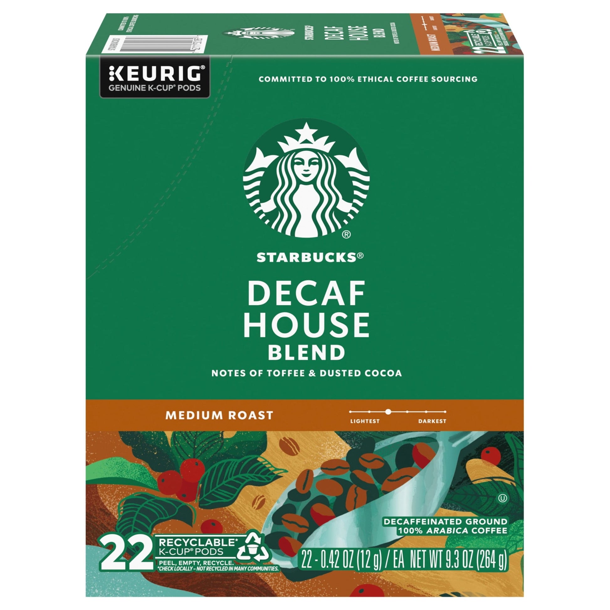 KupofK Coffee Starbucks Decaf House Blend Medium Roast K-Cups for coffee makers, featuring rich flavor and convenient single-serve packaging.