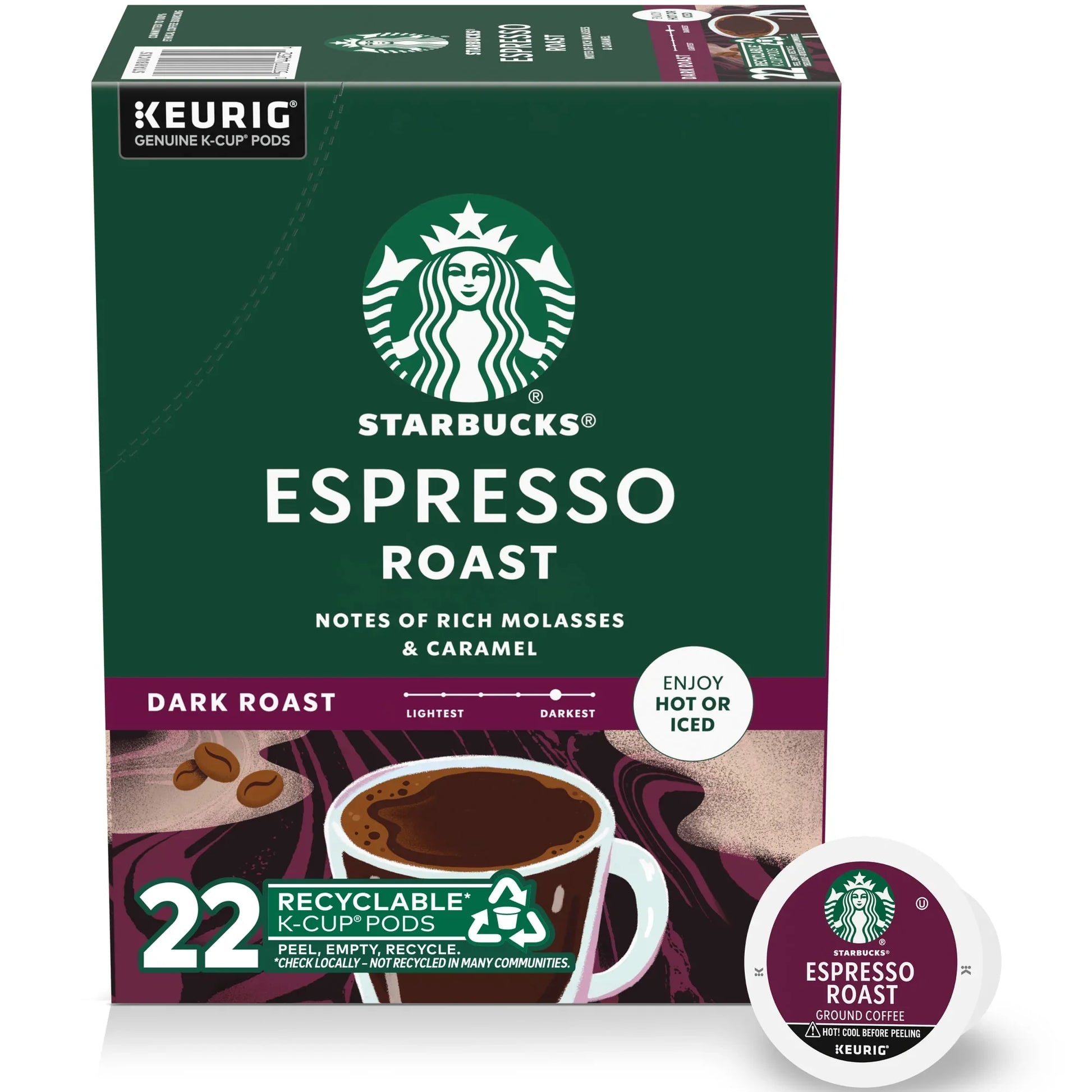 Starbucks Espresso Roast K-cups by KupofK Coffee, 22-count, single-serve coffee pods for Keurig brewers.