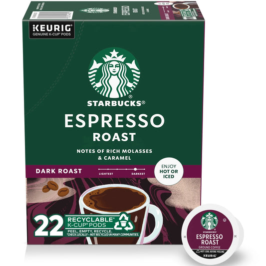 Starbucks Espresso Roast K-cups by KupofK Coffee, 22-count, single-serve coffee pods for Keurig brewers.