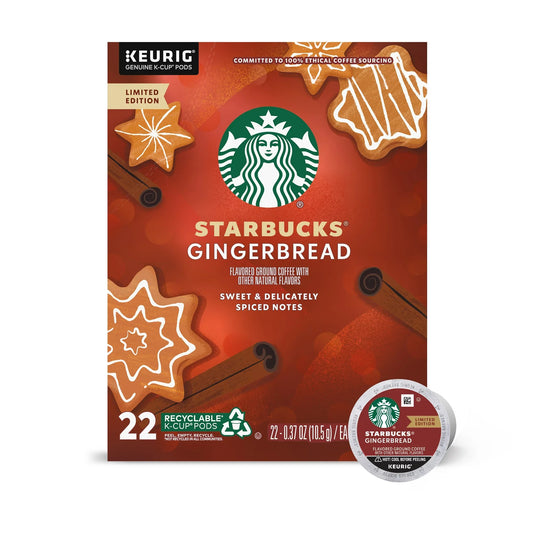 KupofK Coffee Starbucks Gingerbread Flavor K-cups in bulk box, single-serve coffee pods with festive gingerbread spice flavor.