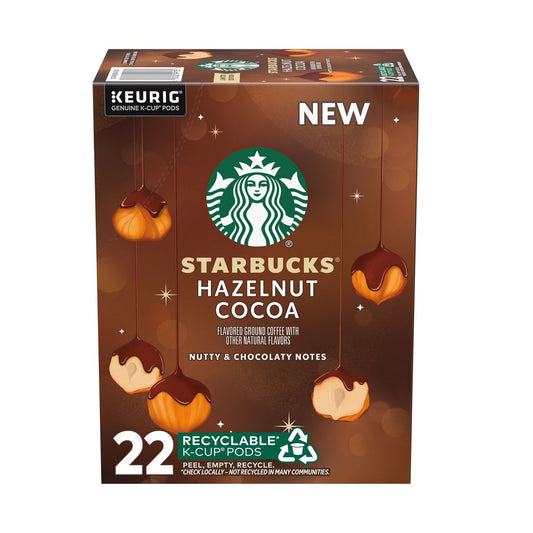 Starbucks Hazelnut Cocoa K-cups for KupofK Coffee, showing stacked coffee pods with branding and hazelnut cocoa flavor.