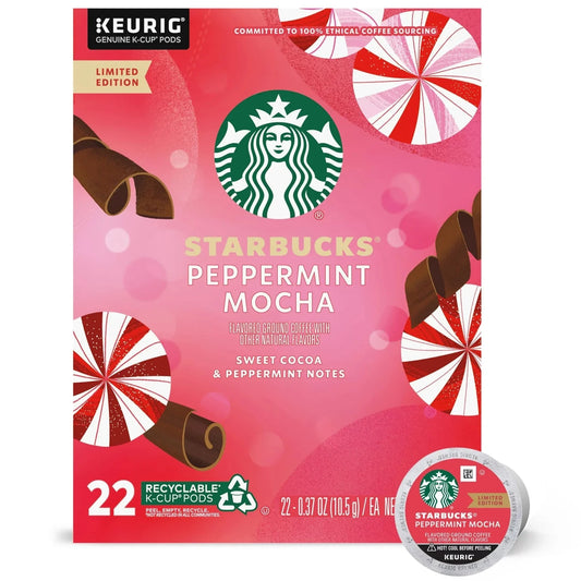 KupofK Coffee Starbucks Peppermint Mocha K-cups for coffee brewing, featuring peppermint and chocolate flavor in individual pods.
