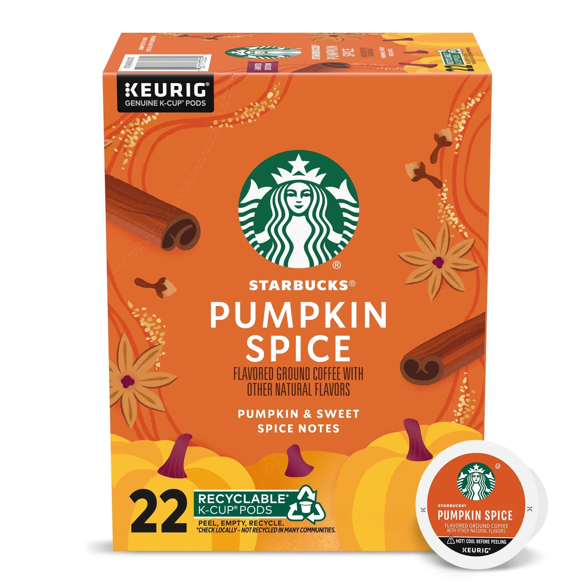 KupofK Coffee Starbucks Pumpkin Spice K-cups for coffee, featuring pumpkin spice flavor in single-serve coffee cups.