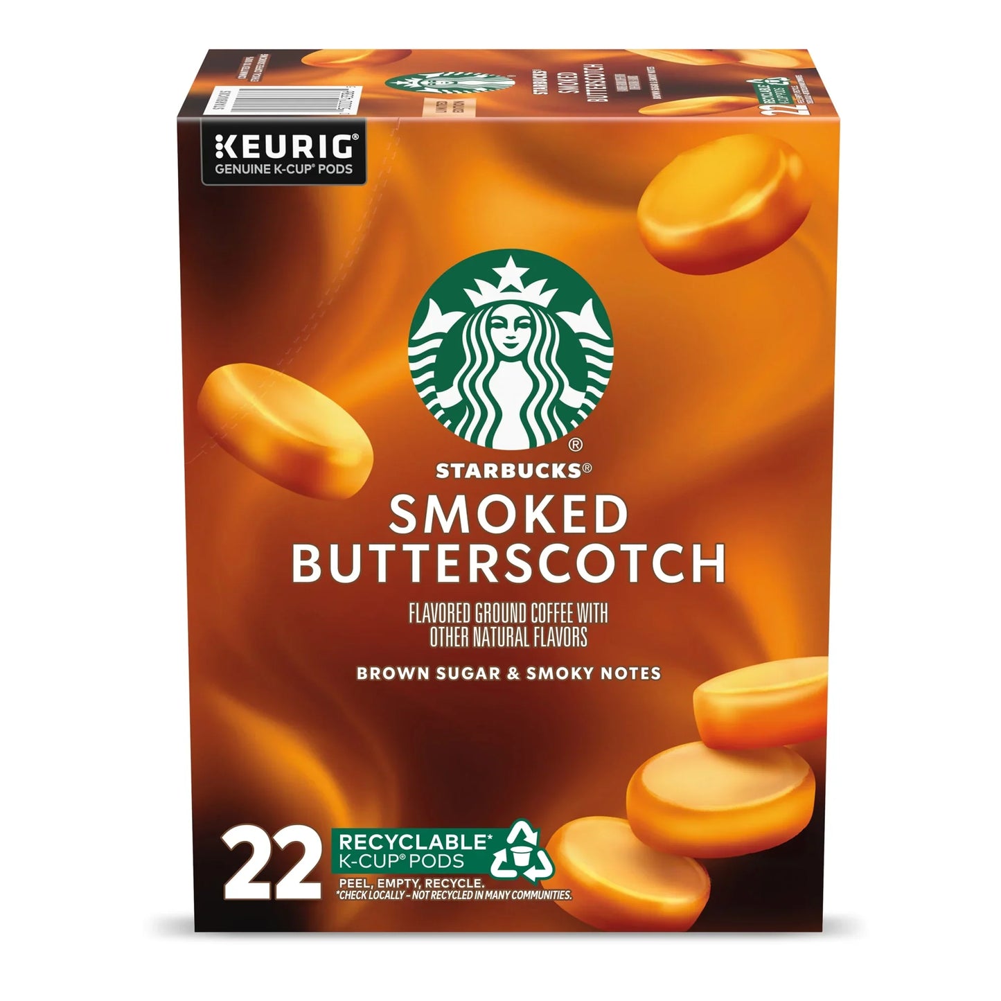 KupofK Coffee Starbucks Smoked Butterscotch K-cups for Keurig, featuring rich coffee with smoky butterscotch flavor.