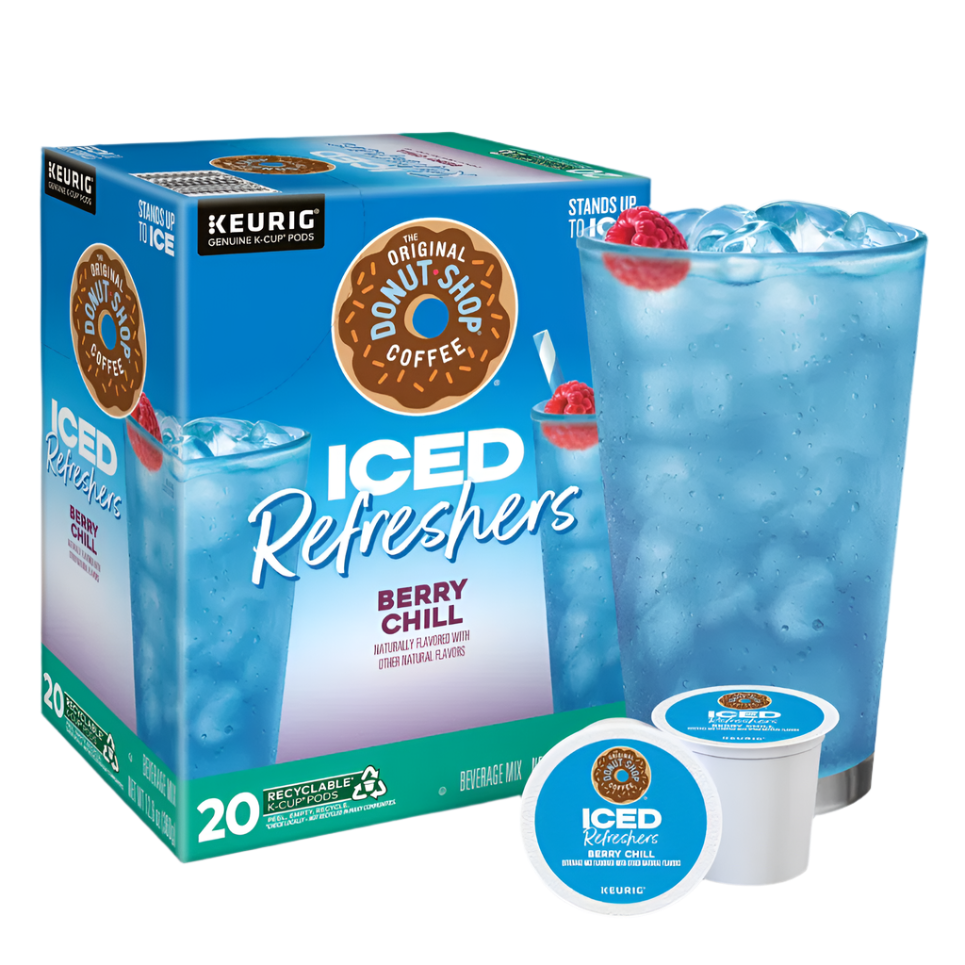 KupofK Coffee The Original Donut Shop Berry Chill Iced Refresher K-cups for coffee and berry-flavored iced beverage.