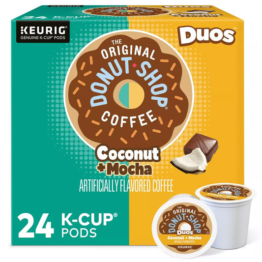 KupofK Coffee The Original Donut Shop Coconut and Mocha Duos K-cups for coffee brewing, featuring coconut and mocha flavors.