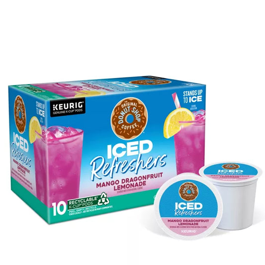 KupofK Coffee The Original Donut Shop Mango Dragonfruit Lemonade Refresher K-cups for coffee brewing, vibrant fruit flavors in colorful packaging