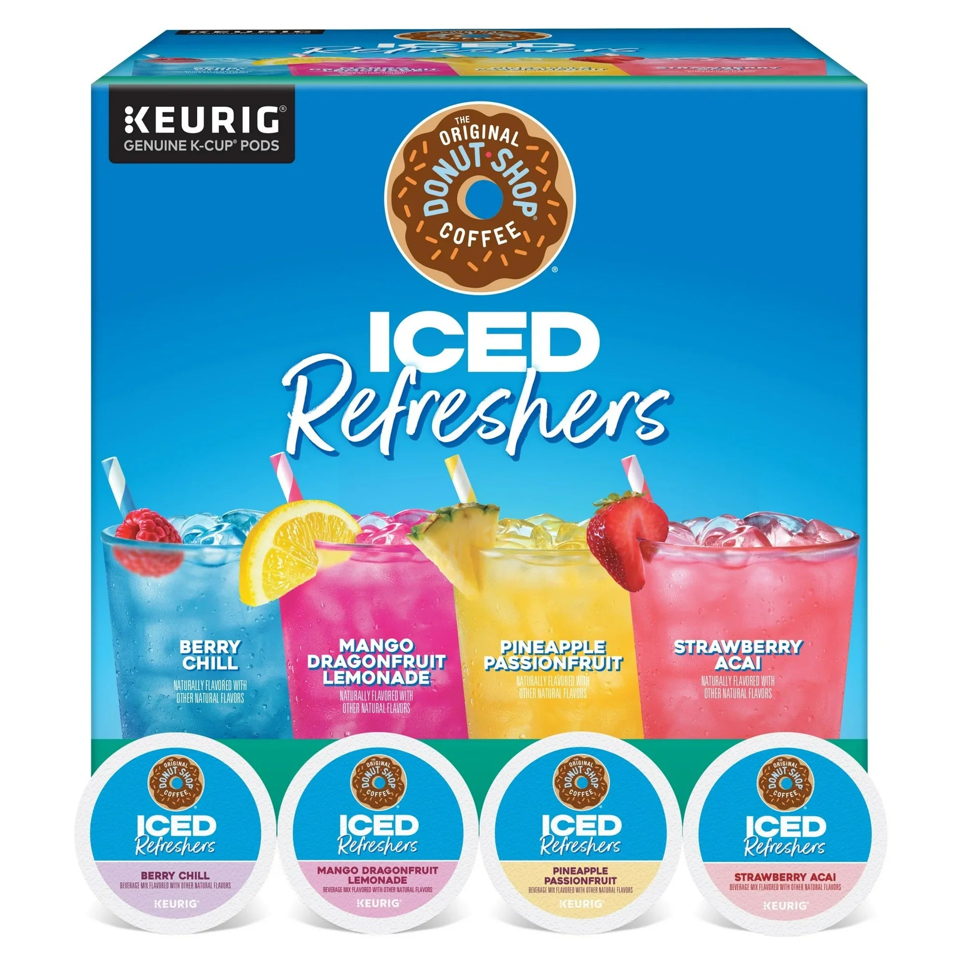 KupofK Coffee The Original Donut Shop Refreshers K-cups variety pack with colorful packaging and assorted coffee flavors.