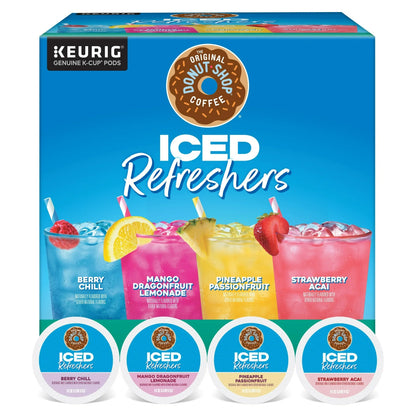 KupofK Coffee The Original Donut Shop Refreshers K-cups variety pack with colorful packaging and assorted coffee flavors.