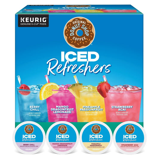 KupofK Coffee The Original Donut Shop Refreshers K-cups variety pack with colorful packaging and assorted coffee flavors.