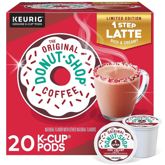 KupofK Coffee The Original Donut Shop Red Velvet Latte Keurig K-cups for coffee brewers in a bulk box.
