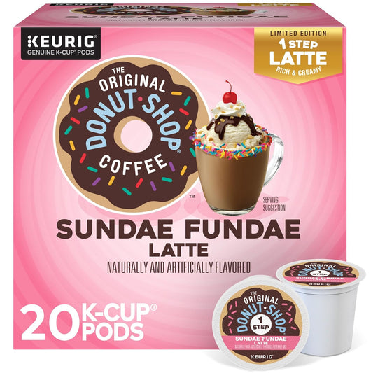 KupofK Coffee The Original Donut Shop Sundae Fundae Latte K-cups for flavorful coffee enjoyment.