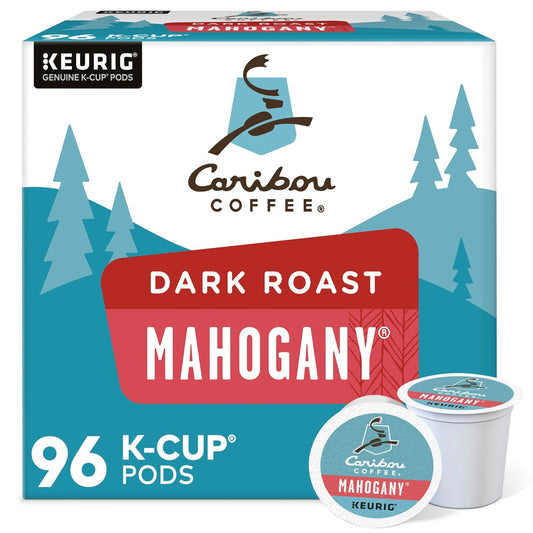 KupofK Coffee Caribou Mahogany Dark Roast K-cups, 96-count, single-serve coffee pods in a black and gold package.