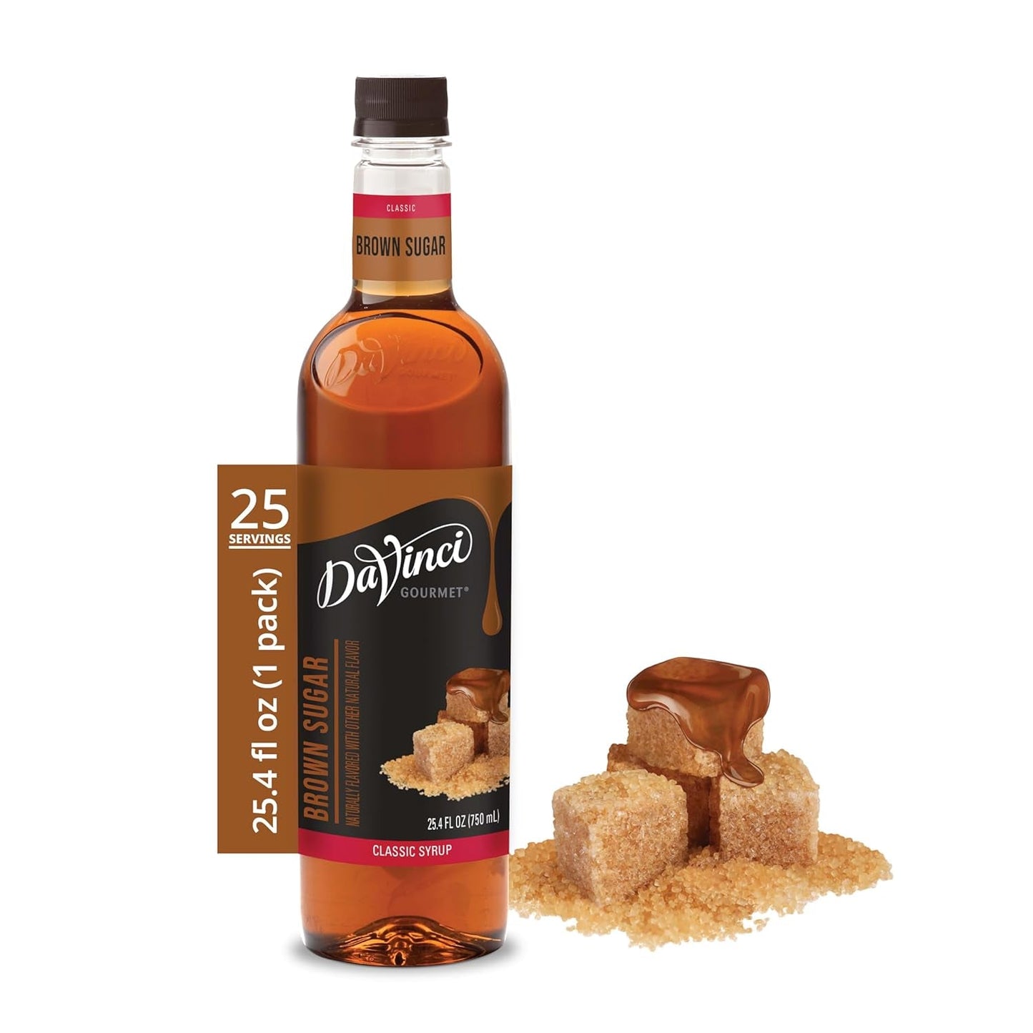 DaVinci Gourmet Brown Sugar Syrup bottle from KupofK Coffee, 25.4 fl oz, with a label featuring brown sugar and product details.