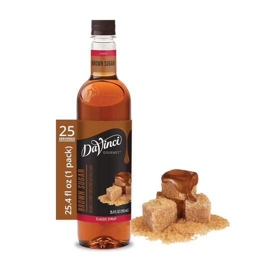 DaVinci Gourmet Brown Sugar Syrup bottle from KupofK Coffee, 25.4 fl oz, with a label featuring brown sugar and product details.