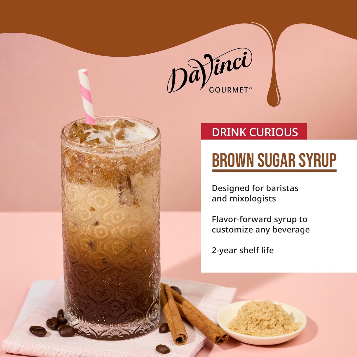 KupofK Coffee DaVinci Gourmet Brown Sugar Syrup bottle, 25.4 fl oz, with label and cap visible on a white background.