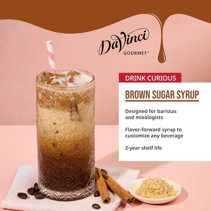 KupofK Coffee DaVinci Gourmet Brown Sugar Syrup bottle, 25.4 fl oz, with label and cap visible on a white background.