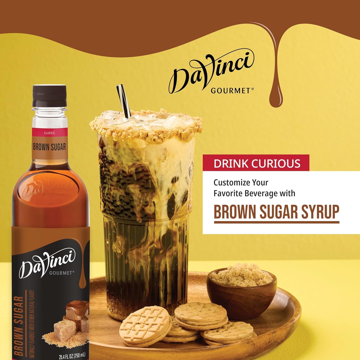 KupofK Coffee DaVinci Gourmet Brown Sugar Syrup bottle, 25.4 fl oz, with caramel-colored syrup visible in the clear bottle.