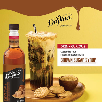 KupofK Coffee DaVinci Gourmet Brown Sugar Syrup bottle, 25.4 fl oz, with caramel-colored syrup visible in the clear bottle.