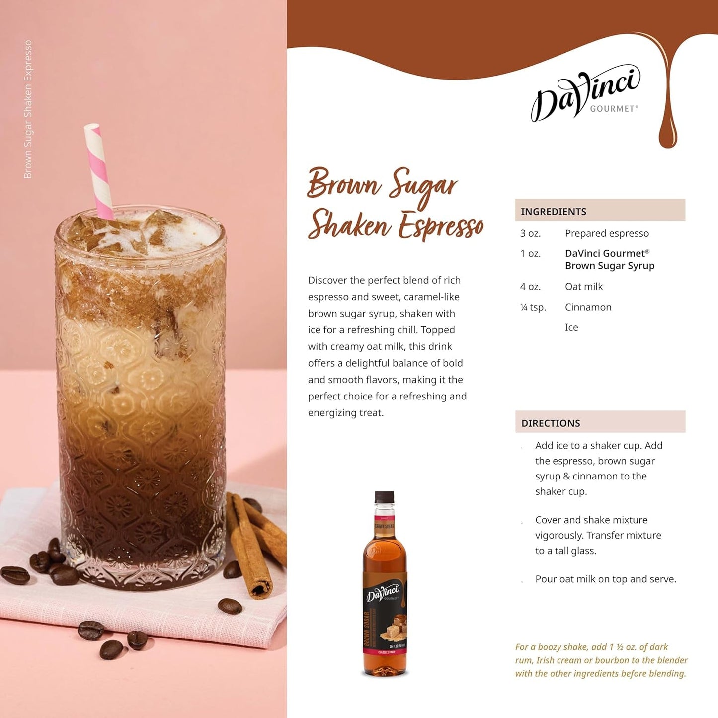 KupofK Coffee DaVinci Gourmet Brown Sugar Syrup bottle, 25.4 fl oz, with label and dark brown syrup inside.