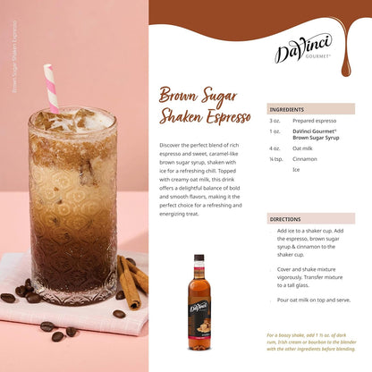 KupofK Coffee DaVinci Gourmet Brown Sugar Syrup bottle, 25.4 fl oz, with label and dark brown syrup inside.