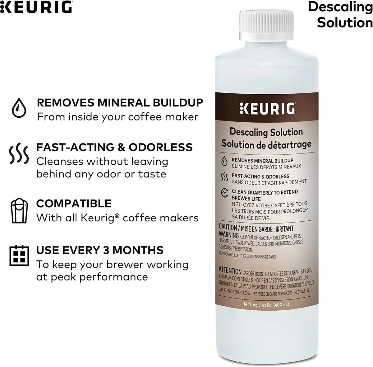 KupofK Coffee Keurig descaling solution bottle for cleaning coffee machines, with white and blue label and clear cap.