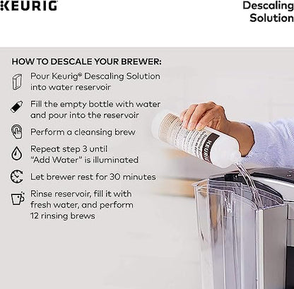 KupofK Coffee Keurig descaling solution bottle for cleaning coffee machines, with clear label and cap visible.