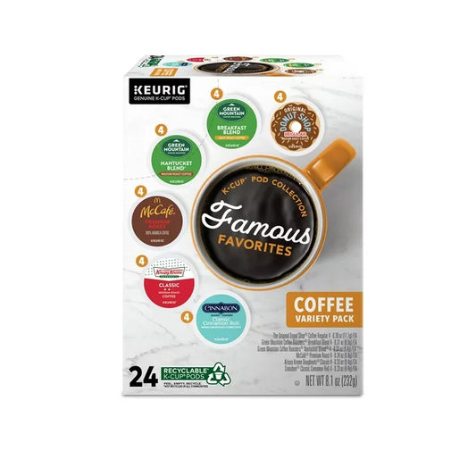 KupofK Coffee Keurig Famous Favorites Variety Pack K-cups for coffee makers, assorted flavors in individual pods.