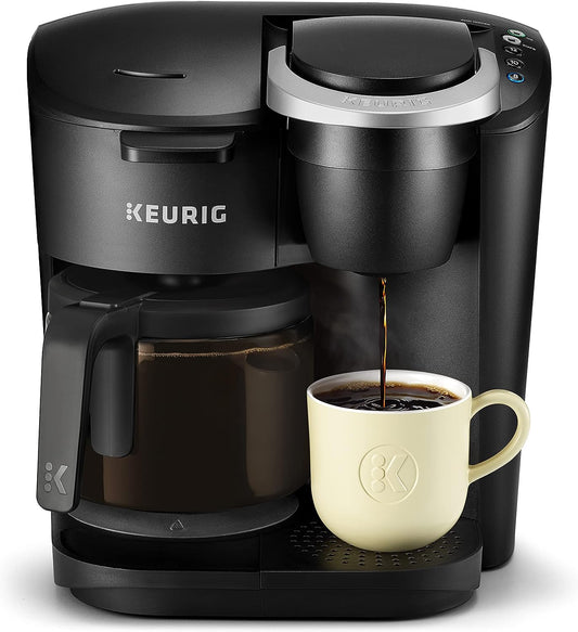 KupofK Coffee Keurig K-Duo Essentials coffee maker with black finish, brewing coffee and using a carafe for versatile coffee options
