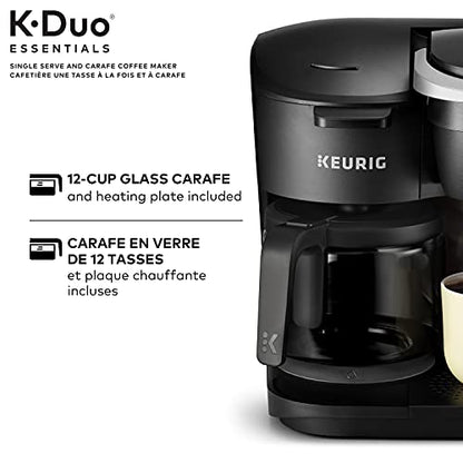 KupofK Coffee Keurig K-Duo Essentials coffee maker with brew buttons and water reservoir on a kitchen counter.