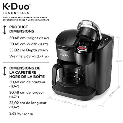 Keurig K-Duo Essentials coffee maker by KupofK Coffee with carafe and control panel, brewing coffee and espresso.