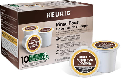Keurig rinse pods by KupofK Coffee, 10-count K-cups for cleaning Keurig coffee machines, showing the product packaging.