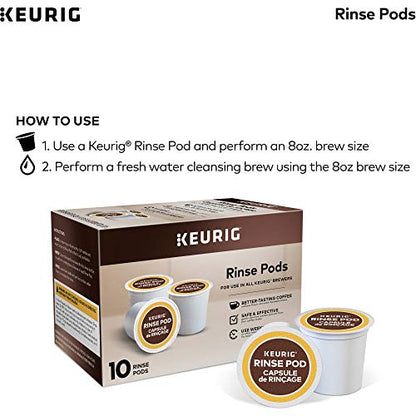 Keurig rinse pods 10-pack by KupofK Coffee, K-cups for cleaning Keurig coffee makers, shown in a row with packaging.
