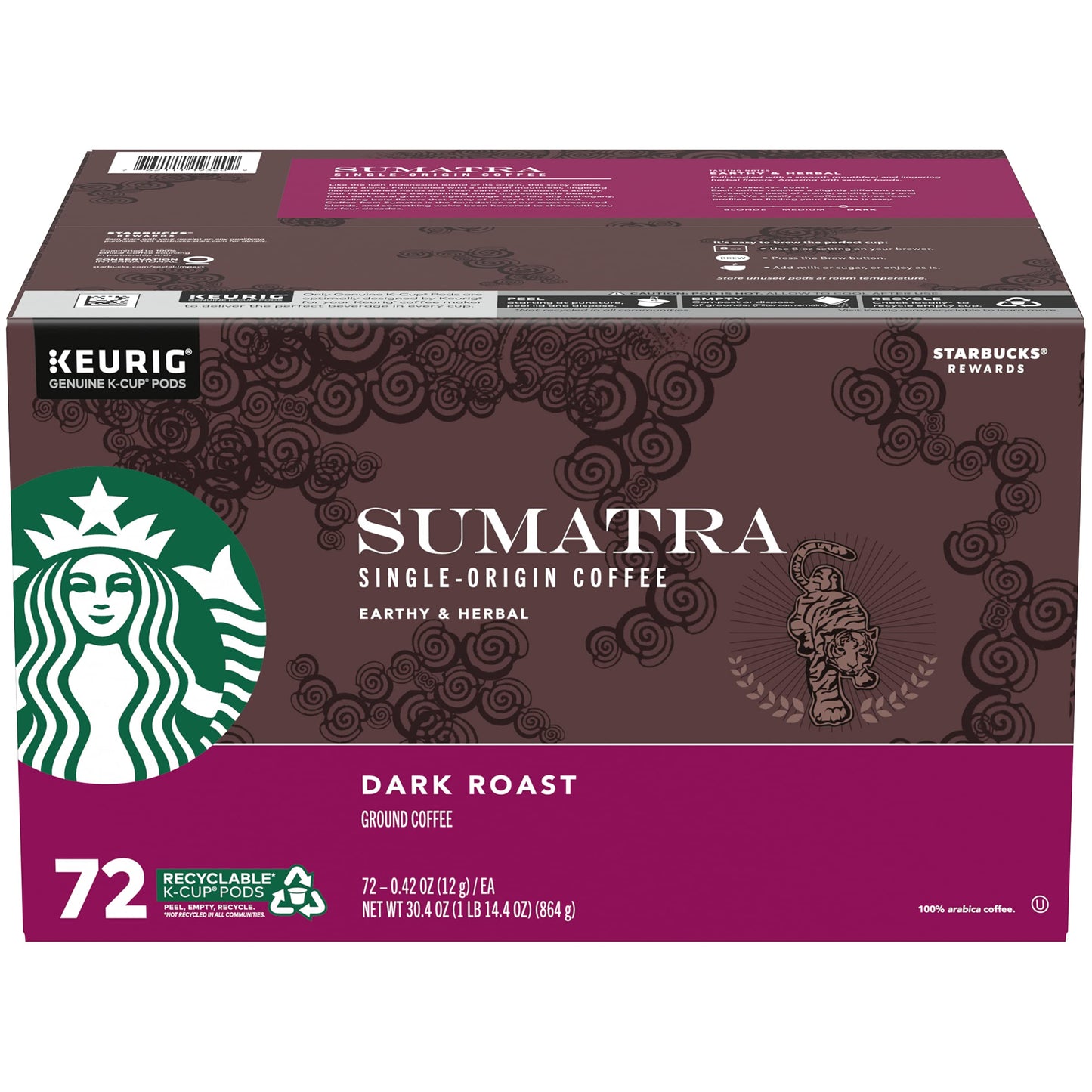 KupofK Coffee Starbucks Sumatra Coffee 72-count bag with roasted coffee beans, ideal for brewing rich, flavorful coffee at home.