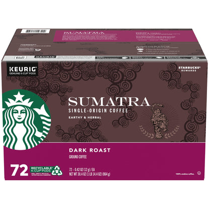 KupofK Coffee Starbucks Sumatra Coffee 72-count bag with roasted coffee beans, ideal for brewing rich, flavorful coffee at home.