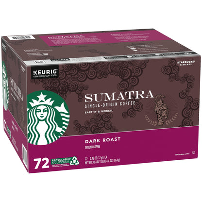 KupofK Coffee Starbucks Sumatra coffee pods, 72-count package, with rich roasted beans shown in the image.