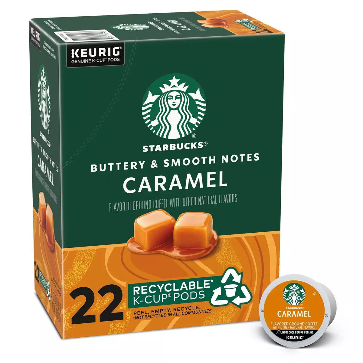 Starbucks Caramel K-cups for KupofK Coffee, showing a box of single-serve coffee pods with caramel flavor branding.