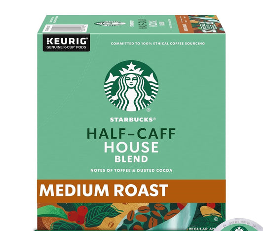 KupofK Coffee Starbucks Half-Caff House Blend K-cups for Keurig coffee makers, featuring dark roast capsules with a balanced flavor.