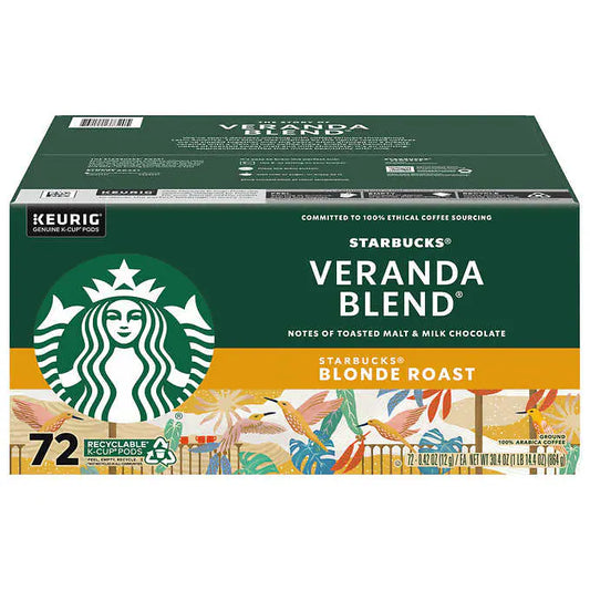 KupofK Coffee Starbucks Veranda Blend 72-pack coffee pods in a box with colorful packaging and branding.