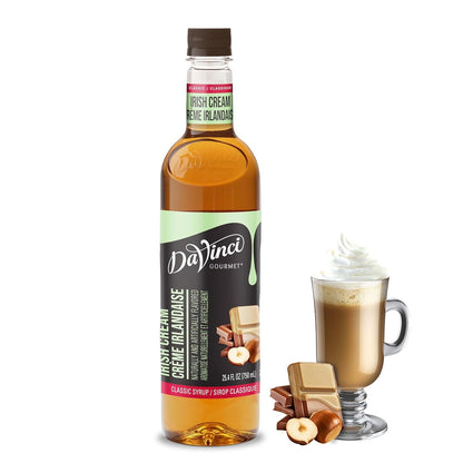 Bottle of Davinci Gourmet Irish Cream Syrup in 25.4 oz size, featuring a dark brown label and pump dispenser for coffee flavoring.