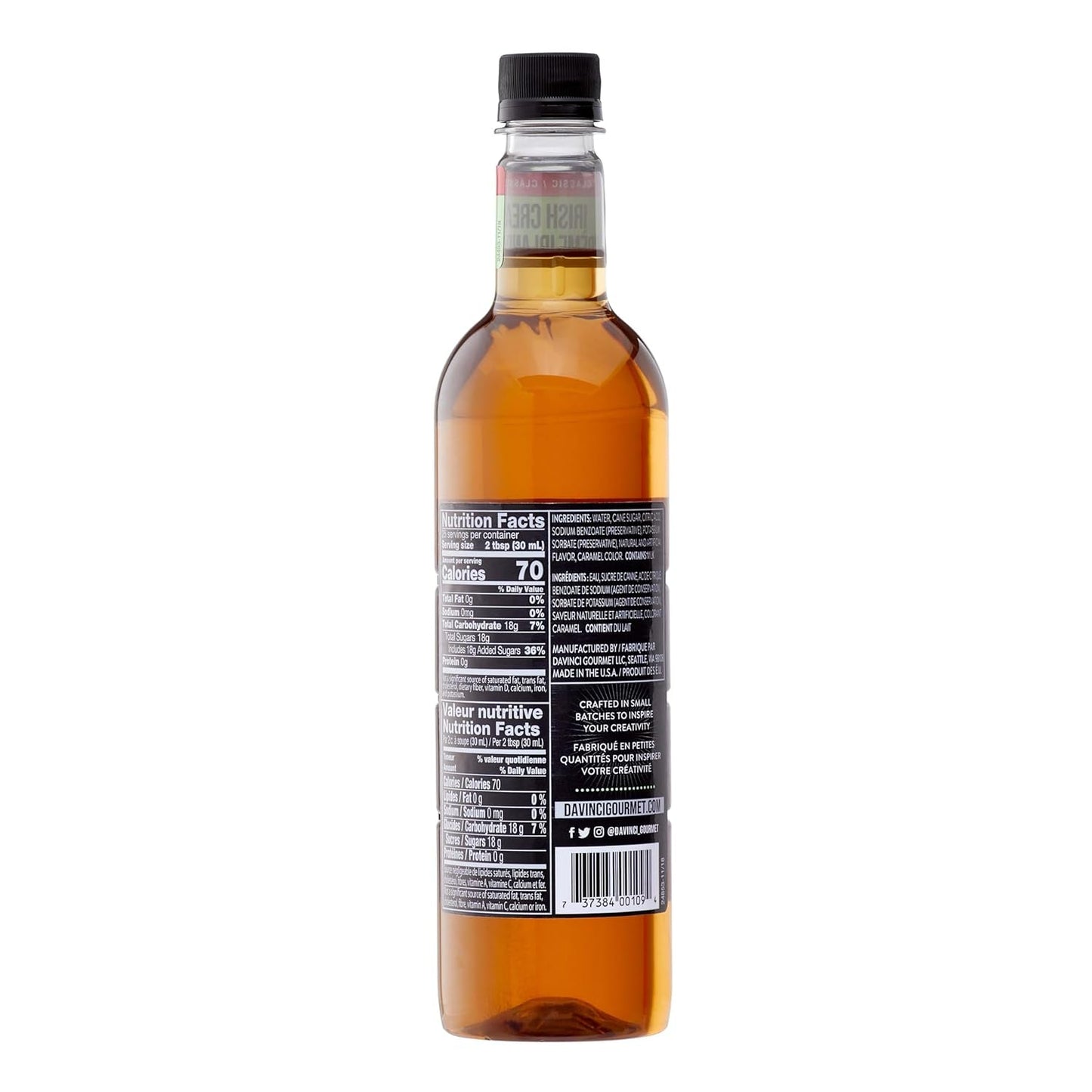 KupofK Coffee Davinci Gourmet Irish Cream Syrup bottle, 25.4 oz, with a creamy Irish cream flavor and label visible.