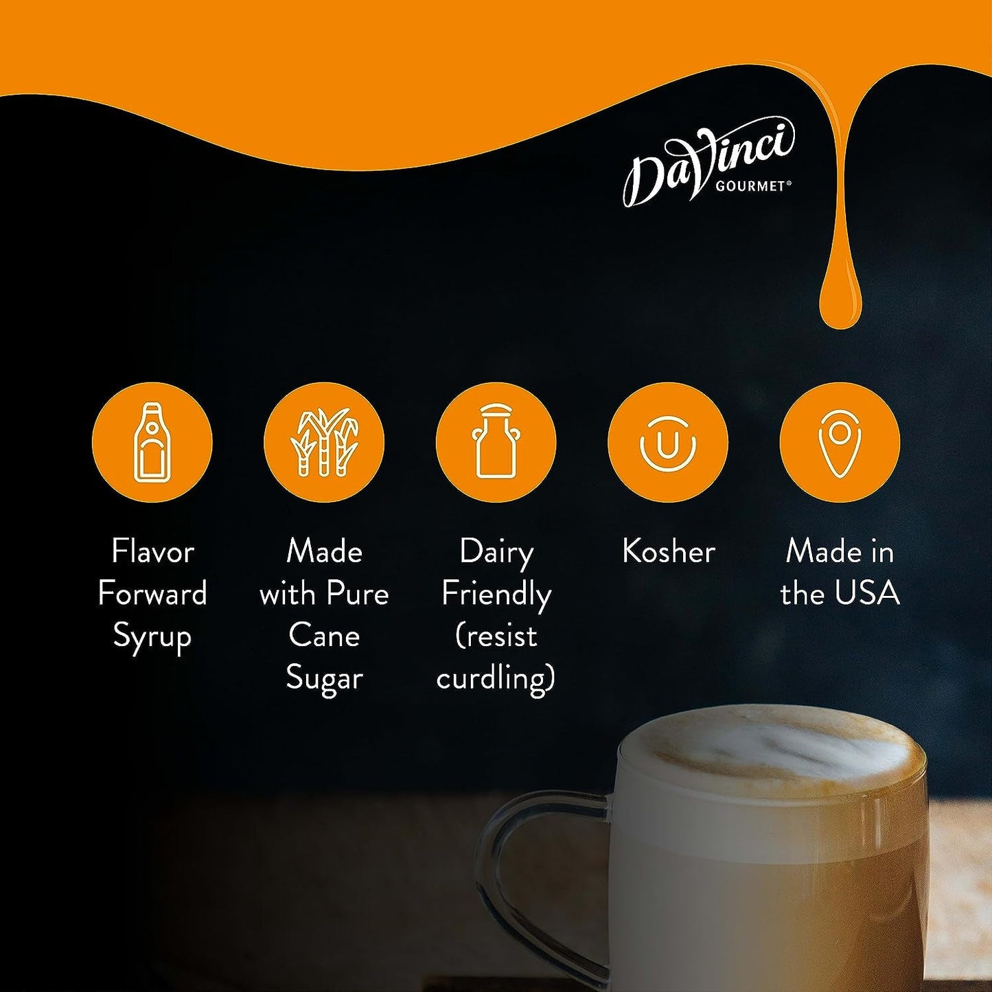 Bottle of KupofK Coffee Davinci Gourmet Classic Irish Cream Syrup in 25.4 oz bottle, with label visible and product details.