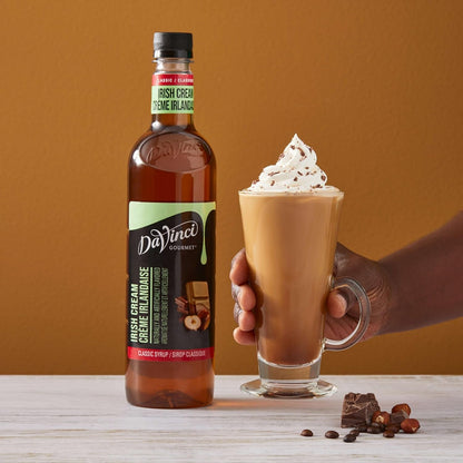 Davinci Gourmet Irish Cream Syrup bottle from KupofK Coffee, 25.4 fl oz, rich Irish cream flavor for coffee and desserts.