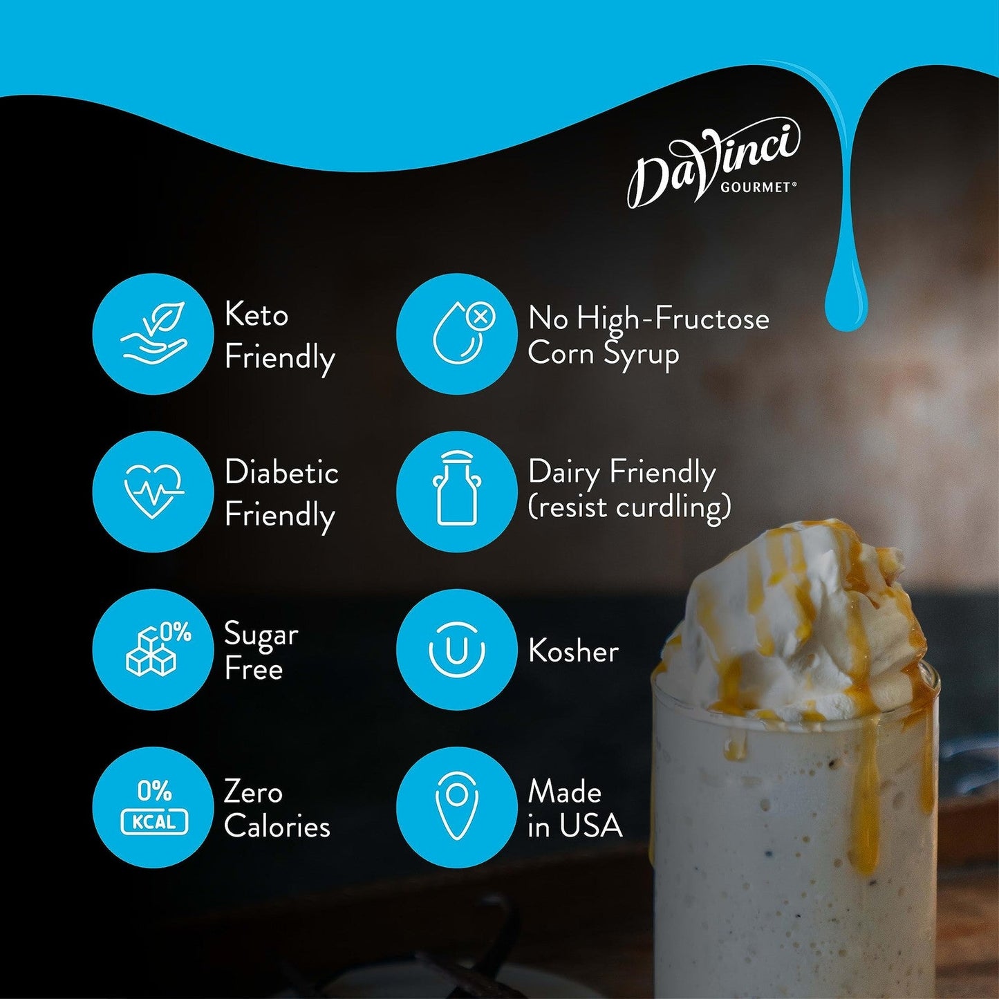 KupofK Coffee Davinci Gourmet Sugar Free Coffee Liqueur Syrup in 25.4 fl oz bottle, suitable for coffee and dessert flavoring.